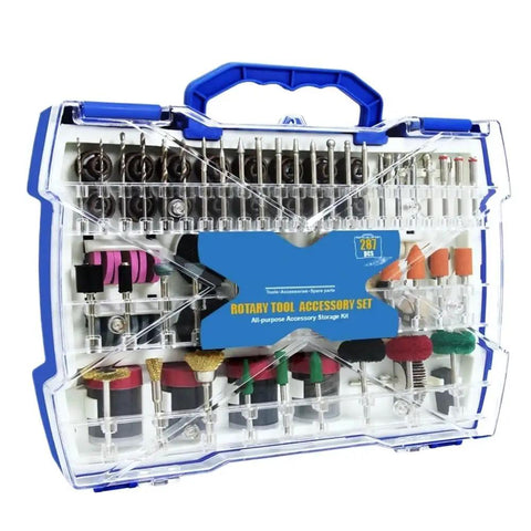 Complete 287 Piece Rotary Tool Accessory Kit For Precision Drilling Cutting Grinding And Polishing Wood Metal Plastic Glass With Sturdy Storage Case, organized tool bits in transparent case.