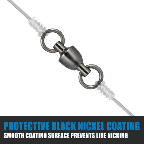 Beefed Up Heavy Duty Ball Bearing Fishing Swivels 20 Pack Stainless Steel Tackle Connectors, black nickel coating detail