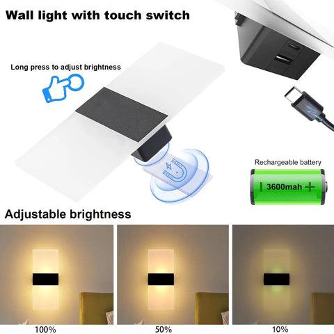 Rechargeable Battery Powered Wall Sconce Pair With Touch Dimming, Wireless LED Magnetic Bedside Lamps brightness control