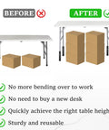 Heavy Duty Folding Table Extenders And Steel Risers For Straight Or Bent Legs Adjustable Height Extensions 4 Pack comparison before after with boxes