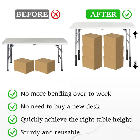 Heavy Duty Folding Table Extenders And Steel Risers For Straight Or Bent Legs Adjustable Height Extensions 4 Pack comparison before after with boxes