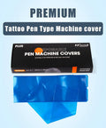 Disposable Tattoo Machine Covers Pack Pro Grade 200 Pcs 2.4 Inch By 7 Inch Blue Sleeves For Cartridge And Wireless Battery Tattoo Pens Keeps Grips Clean Protects Skin From Ink Reduces Allergies And Inflammation Easy Pack And Storage box with blue sleeves displayed below