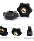 M8 Knurled Star Knob Set With Brass Inserts, Black Plastic Screw On Type Through Knobs For Machinery, Detail Views, 10 Pack Assortment