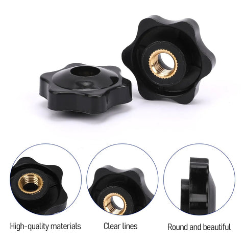 M8 Knurled Star Knob Set With Brass Inserts, Black Plastic Screw On Type Through Knobs For Machinery, Detail Views, 10 Pack Assortment