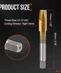 Pro Grade Spiral Point Tap For 1/2-13 UNC Right Hand Cutting showing dimensions, gold-coated tip and hex shank for precise threading.