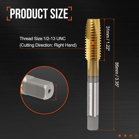 Pro Grade Spiral Point Tap For 1/2-13 UNC Right Hand Cutting showing dimensions, gold-coated tip and hex shank for precise threading.