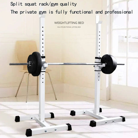 Adjustable Barbell Rack For Home Gym, Multi Function Squat Stand And Bench Press Station with weights in bright room