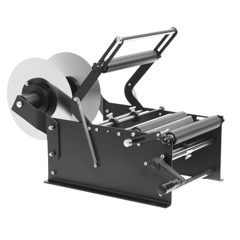 Hand Crank Bottle Labeling Machine Adjustable For Glass Metal Round Zp-50W showing compact design and adjustable rollers for labels.