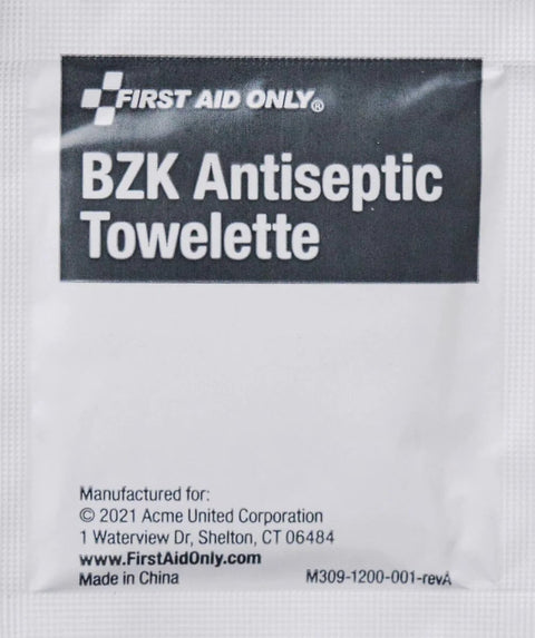 Front view of First Aid Only BZK Antiseptic Towelette packet, white pouch with black label.