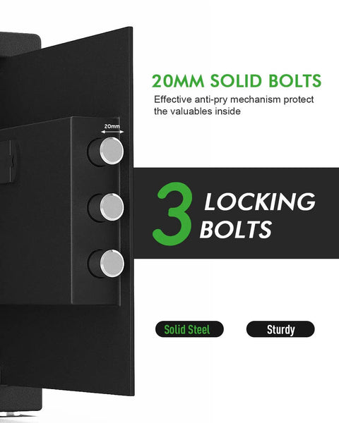Heavy Duty Wall Safe With Digital Keypad Lock For Home Office Hotel No Brainer Security Storage 1.3 Cubic Feet Black, 20mm locking bolts detail