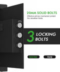 Biometric Safe Box With Keypad Lock, Heavy Duty Steel Security Safe shown with 20mm locking bolts, black, wall or cabinet install.