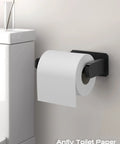 Self Adhesive RV Toilet Paper Holder With Two Hanging Hooks For Campers No Drill Wall Mount Black Finish installed on wall