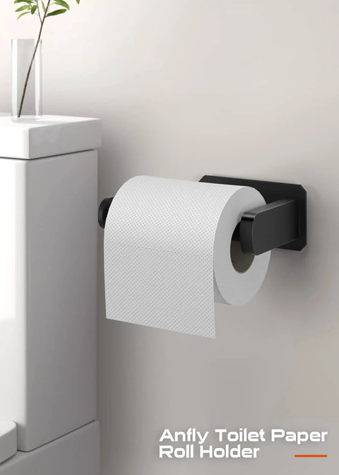Self Adhesive RV Toilet Paper Holder With Two Hanging Hooks For Campers No Drill Wall Mount Black Finish installed on wall