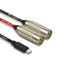 USB C to Dual XLR Male Audio Cable for Amplifiers and Mixers, 6ft shown with gold connectors and black braided cable