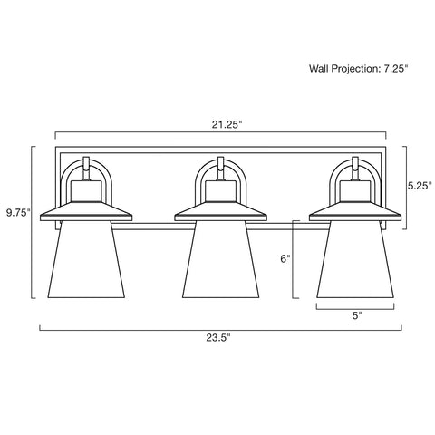 Diagram of 24-Inch 3-Light Modern Farmhouse Vanity Light With Hanging Lantern Style And Seeded Glass Shades In Bold Black Finish