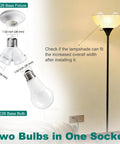 Two Pack 2 In 1 E26 Socket Splitter Adapter Y Shape Lamp Holder Converter with two bulbs in a lamp stand.