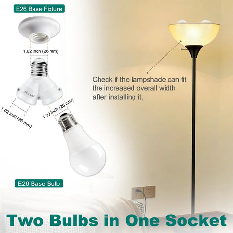 Two Pack 2 In 1 E26 Socket Splitter Adapter Y Shape Lamp Holder Converter with two bulbs in a lamp stand.