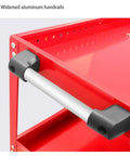 Widened aluminum handrails on the Rock Solid Red Tool Cart Rolling Storage Cabinet designed for heavy mechanical workshop use.