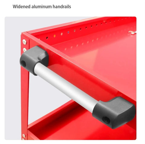Widened aluminum handrails on the Rock Solid Red Tool Cart Rolling Storage Cabinet designed for heavy mechanical workshop use.