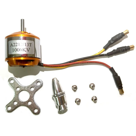 A2212 1000KV Brushless Outrunner Motor With 13T And 3.5mm Male Banana Connectors, mounting plate, and screws for RC aircraft