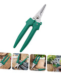 Stainless Steel Pruning Scissors Garden Shears for Branch Cutting, easy to use with labor saving skidproof grip, shown close-up and in use.