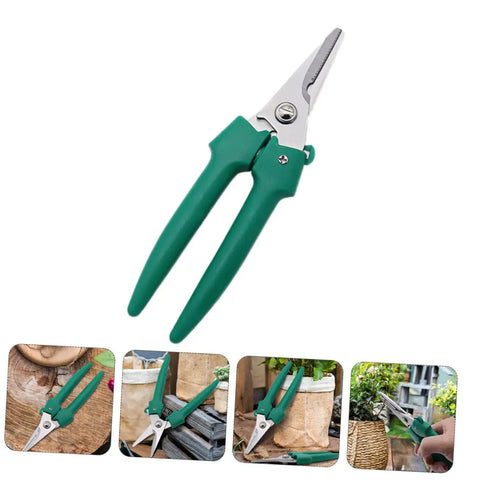 Stainless Steel Pruning Scissors Garden Shears for Branch Cutting, easy to use with labor saving skidproof grip, shown close-up and in use.