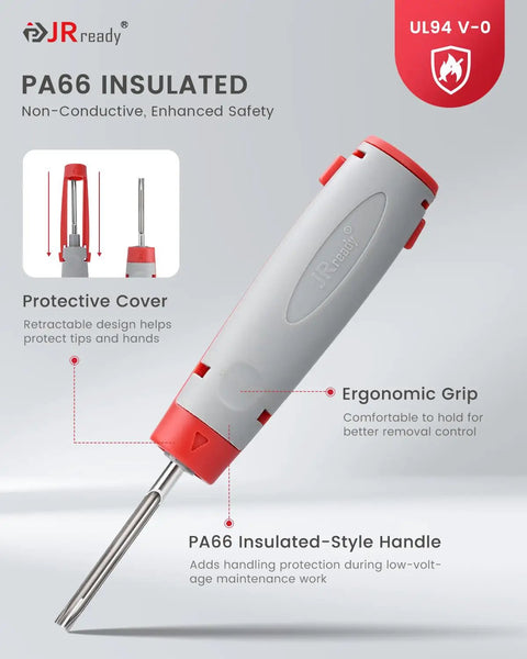 Close-up of a PA66 insulated handle from 8 Piece Depinning Tool Set With Insulated Handles And Plastic Terminal Removal Tools For DT DTM DTP DTHD Connectors In Automotive Electrical Repair Pro Grade Safe Grip Design For Easy Control And Safer Pin Extraction.