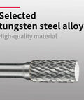 Close-up of Five Piece Tungsten Carbide Burr Rotary File Set Cylindrical Shape Three Eighths Inch Cutter Diameter With One Quarter Inch Shank Three Quarter Inch Tool Length For Metalworking Mold Making And Engine Work Durable Heat Treated Bits in tungsten steel alloy.