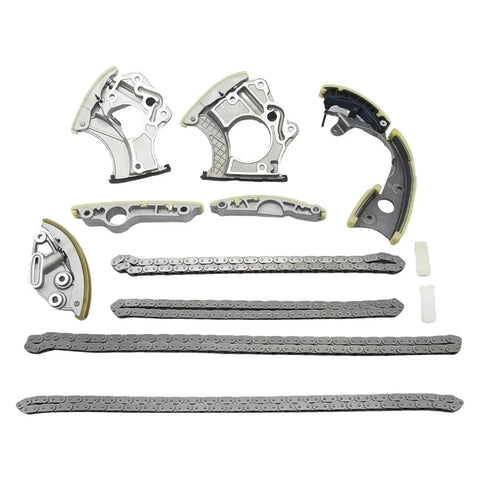 Heavy Duty Timing Chain Rail Guide Tensioner Kit For Audi A6 A7 Q7 S4 S5 3.0 TFSI Engine Models CGW CJT Alloy Build Super Durable And Built To Last For Real Mechanics., alloy timing chain guides and chains laid out on white background