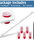 Rustic White Wooden Ski Shot Board Set For Four Players Pub Trivia Drinking Game with 50 Red cups and marking pen visible.