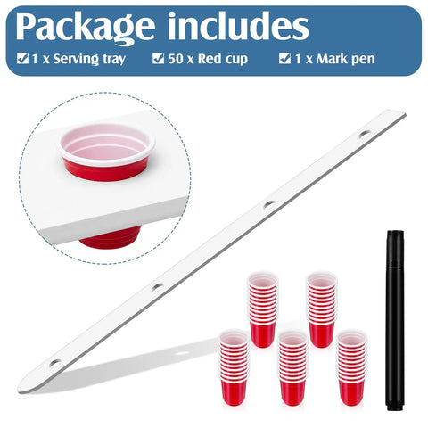 Rustic White Wooden Ski Shot Board Set For Four Players Pub Trivia Drinking Game with 50 Red cups and marking pen visible.
