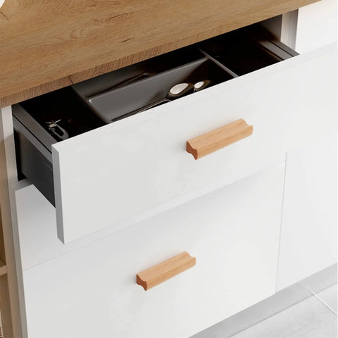 Beech wood drawer handle installed on white cabinet, part of 4 Pieces Wooden Drawer Handles And Cabinet Pulls In Beech Wood For Furniture
