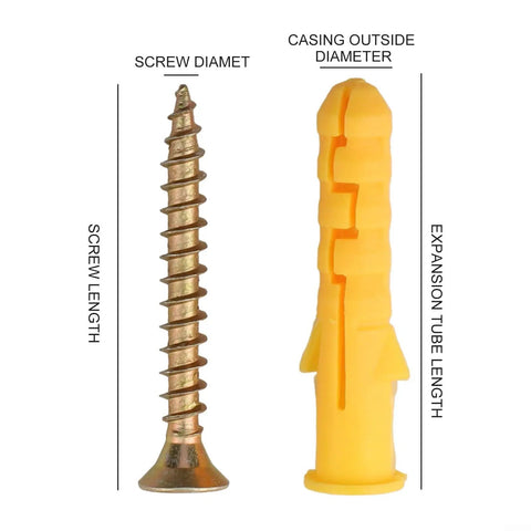 50 Piece Drywall Anchors And Screws Kit With Self Drilling Metal Wall Anchors Anti Spin Grip For Easy Hanging Projects M6 Fasteners And M8x40 Screws For Quick Install No Pre Drill, yellow expansion tube and screw size diagram