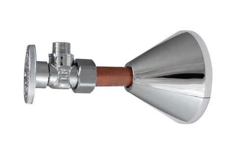Side view of K857-20 Clip On Deep Flange Cover for one half inch pipe in chrome finish, highlighting easy install design.