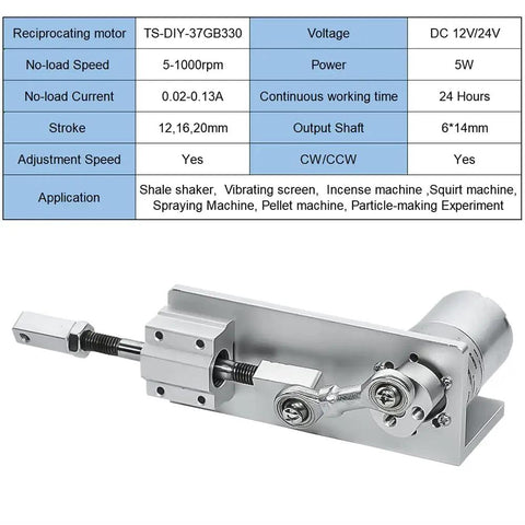 12V DC telescopic linear actuator for DIY projects, adjustable stroke, 5-1000 RPM motor, smooth motion, style A, image of specifications and motor