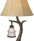 Mountain Wind Rustic 30 Inch Table Lamp with built-in night light, aged oak resin, soft bell shade, modern farmhouse decor.