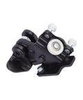 Angled front view of truck door hinge roller assembly, black metal housing with white nylon wheels