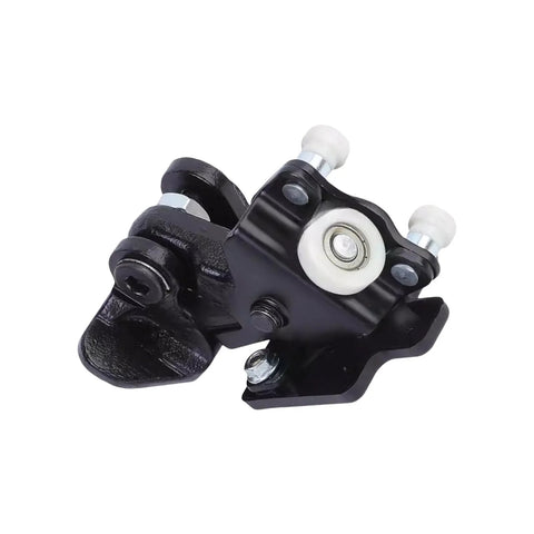 Angled front view of truck door hinge roller assembly, black metal housing with white nylon wheels