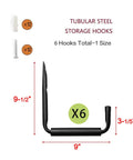 Heavy Duty 9 Inch Arm Wall Mount Storage Hooks Set With EVA Protector Indoor Outdoor Garage Hangers Organizer For Ladders Tools Bikes Hoses Gear And More 6 Pack, showing dimensions and screws.