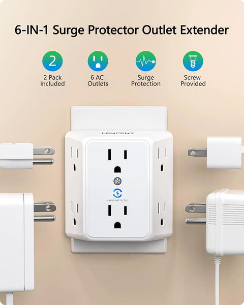 Front view of Six Outlet USB Wall Tap Surge Protector Three Sided Wide Spaced AC Power Strip with six outlets mounted on wall.