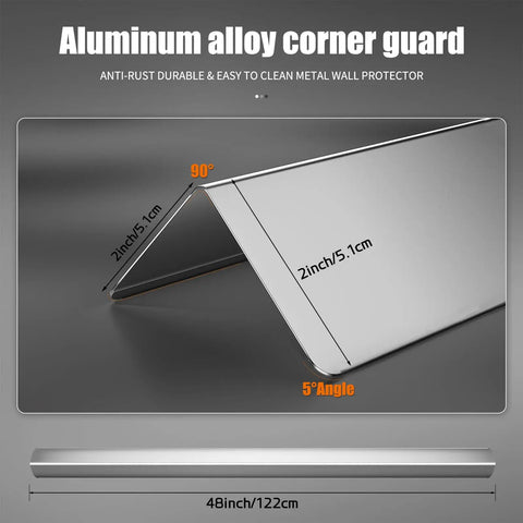 Built Tough 304 Stainless Steel Wall Corner Guards 2X2X48 Inch Metal Edge Protectors 10 Pack shown with dimensions and angle.