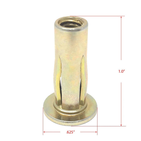 Close-up of Pre-Bulbed Shank Rivet Nut 1/4-20 Thread,.020 To.280 Grip, Cross Style Multi Grip, Gold Zinc Finish, Steel