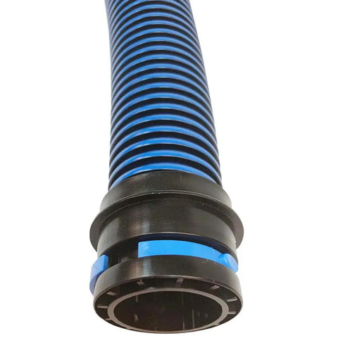 Close-up of blue ribbed 16 Foot Antistatic Wet And Dry Vacuum Hose With Universal Power Tool Adapter For Shop Vacs