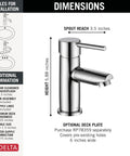 Dimensions of Modern Brushed Nickel Single Hole Bathroom Faucet with Single Handle and Drain Assembly Included showing height and spout reach