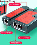 Straight Shooter Cat5 Cat6 Pass Through Crimping Tool And Wire Stripper Network Test Kit with RJ45 and RJ11 ports for Ethernet testing.