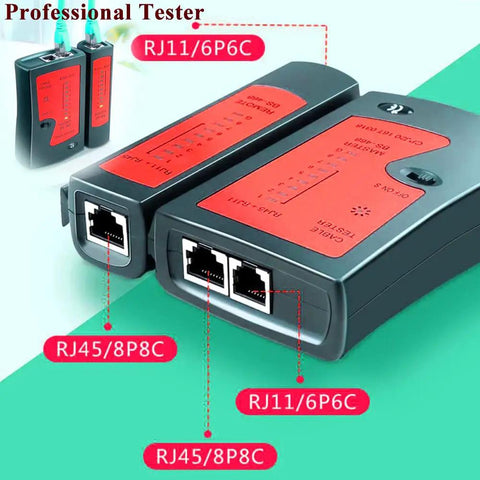 Straight Shooter Cat5 Cat6 Pass Through Crimping Tool And Wire Stripper Network Test Kit with RJ45 and RJ11 ports for Ethernet testing.