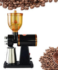 Portable Stainless Steel Electric Conical Burr Coffee Grinder With Eight Gear Precise Settings For Espresso Drip French Press Spice Nut And Grain Grinding side view with coffee beans.