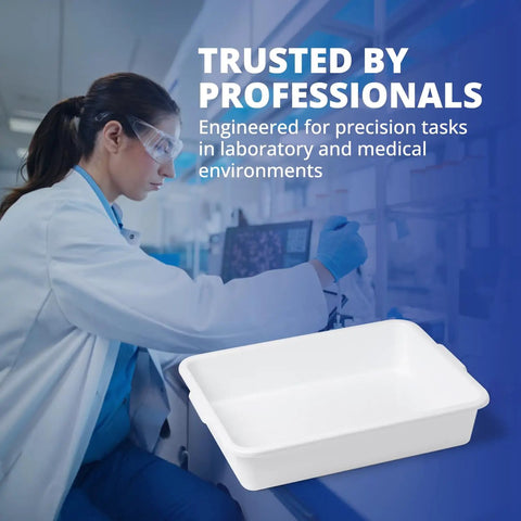 Polypropylene Lab Tray Autoclavable 15x12x3 Inches Multipurpose Containment Tray For Sterilizing And Drying Lab Gear And Equipment Chemical Resistant Durable Utility Tray For Organizing One Pack, white lab tray in use