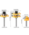 Fabater 45 Degree Stile Router Bit Set With T Shaped Geometry And Three Sharp Teeth For Clean Wood Slotting On MDF Plywood And Particle Board Featuring Durable Cemented Carbide Construction And Precision 1/4 Inch Shank Fitment For Smooth Cutting Without showing three router bits with detailed measurements.