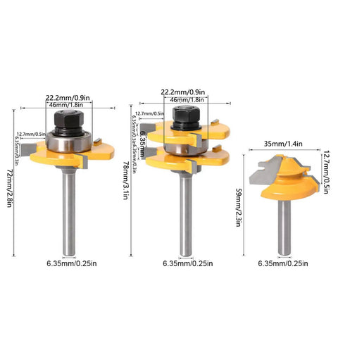 Fabater 45 Degree Stile Router Bit Set With T Shaped Geometry And Three Sharp Teeth For Clean Wood Slotting On MDF Plywood And Particle Board Featuring Durable Cemented Carbide Construction And Precision 1/4 Inch Shank Fitment For Smooth Cutting Without showing three router bits with detailed measurements.